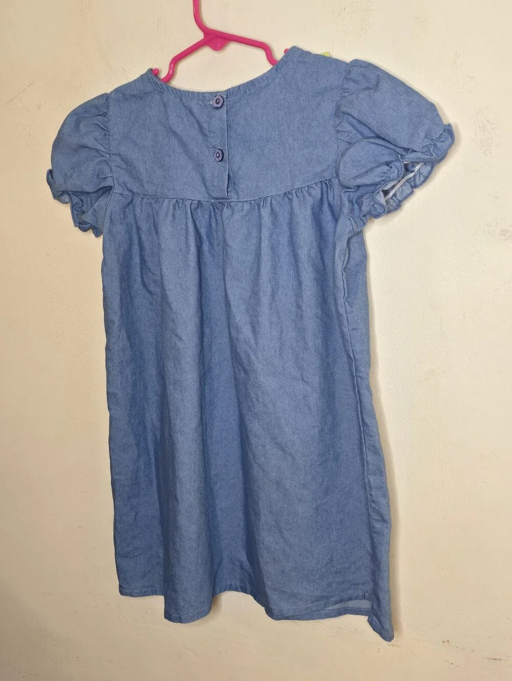 Girls Chambray Flower Embroidered Puff Sleeve Dress Blue 5-6Y Cottagecore